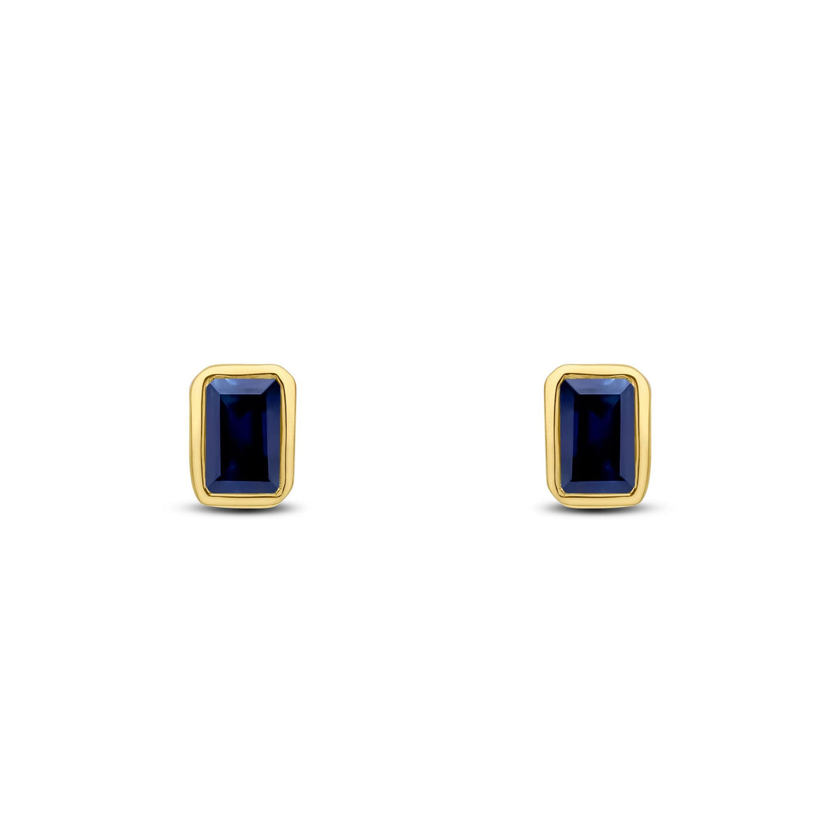 9ct Yellow Gold Octagonal Emerald Cut Natural Sapphire Rubover Stud Earrings — 5x3mm