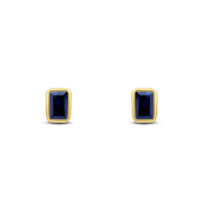 9ct Yellow Gold Octagonal Emerald Cut Natural Sapphire Rubover Stud Earrings — 5x3mm