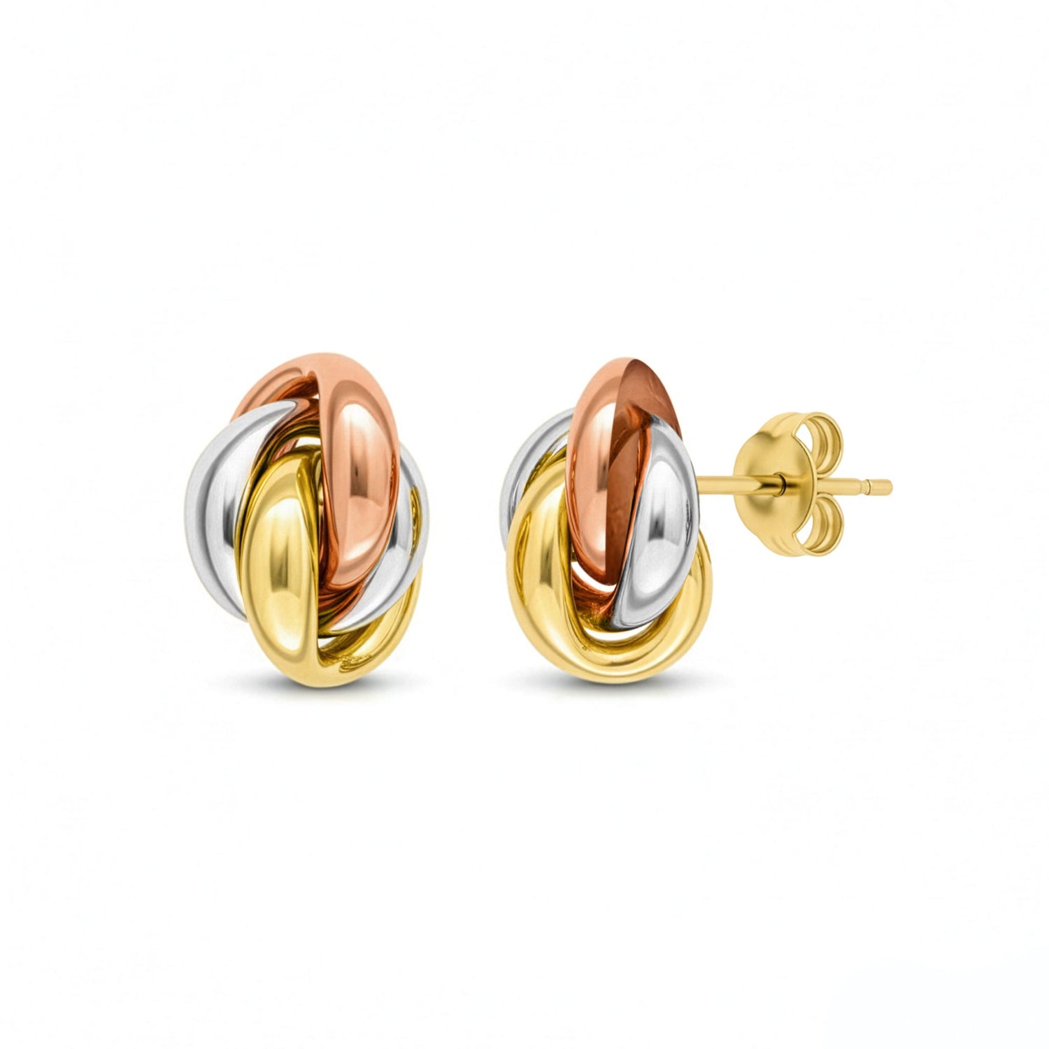9ct Three-Tone Gold Polished Sculptural Interlocking Knot Stud Earrings — 14mm x 9.5mm