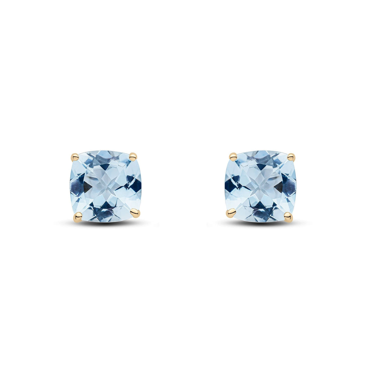 9ct Yellow Gold Cushion Natural Aquamarine Claw Stud Earrings — 8mm