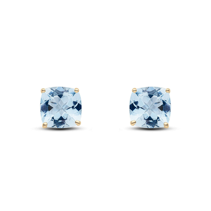 9ct Yellow Gold Cushion Natural Aquamarine Claw Stud Earrings — 8mm
