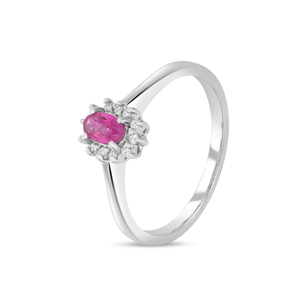 9ct White Gold Oval Natural Ruby and Diamond Claw Set Cluster Ring — 5x3mm