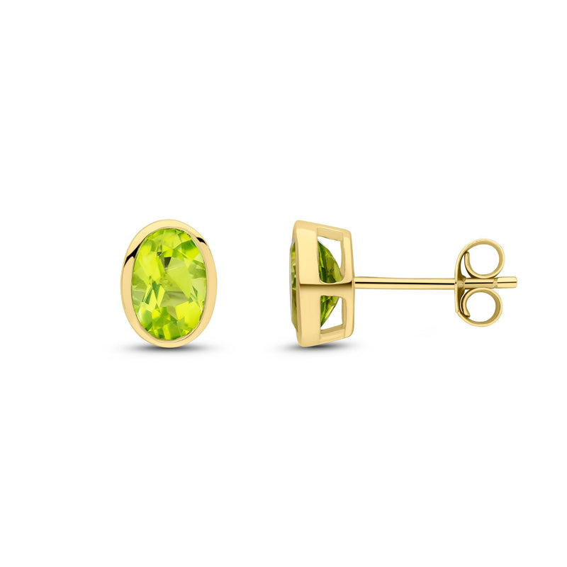 9ct Yellow Gold Oval Natural Peridot Rubover Stud Earrings — 7x5mm