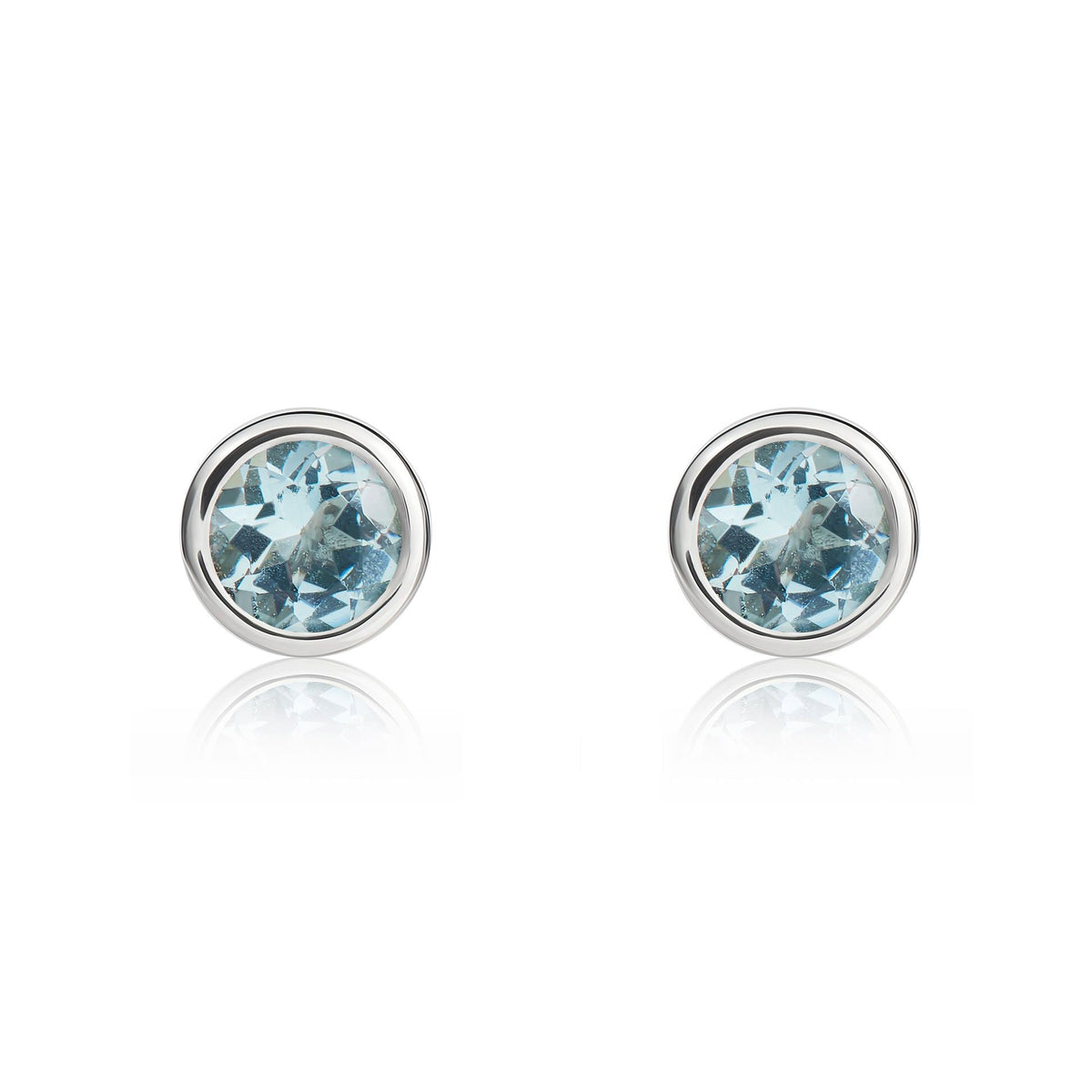 9ct White Gold Round Natural Aquamarine Rubover Stud Earrings — 4mm