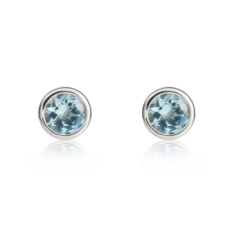 9ct White Gold Round Natural Aquamarine Rubover Stud Earrings — 4mm