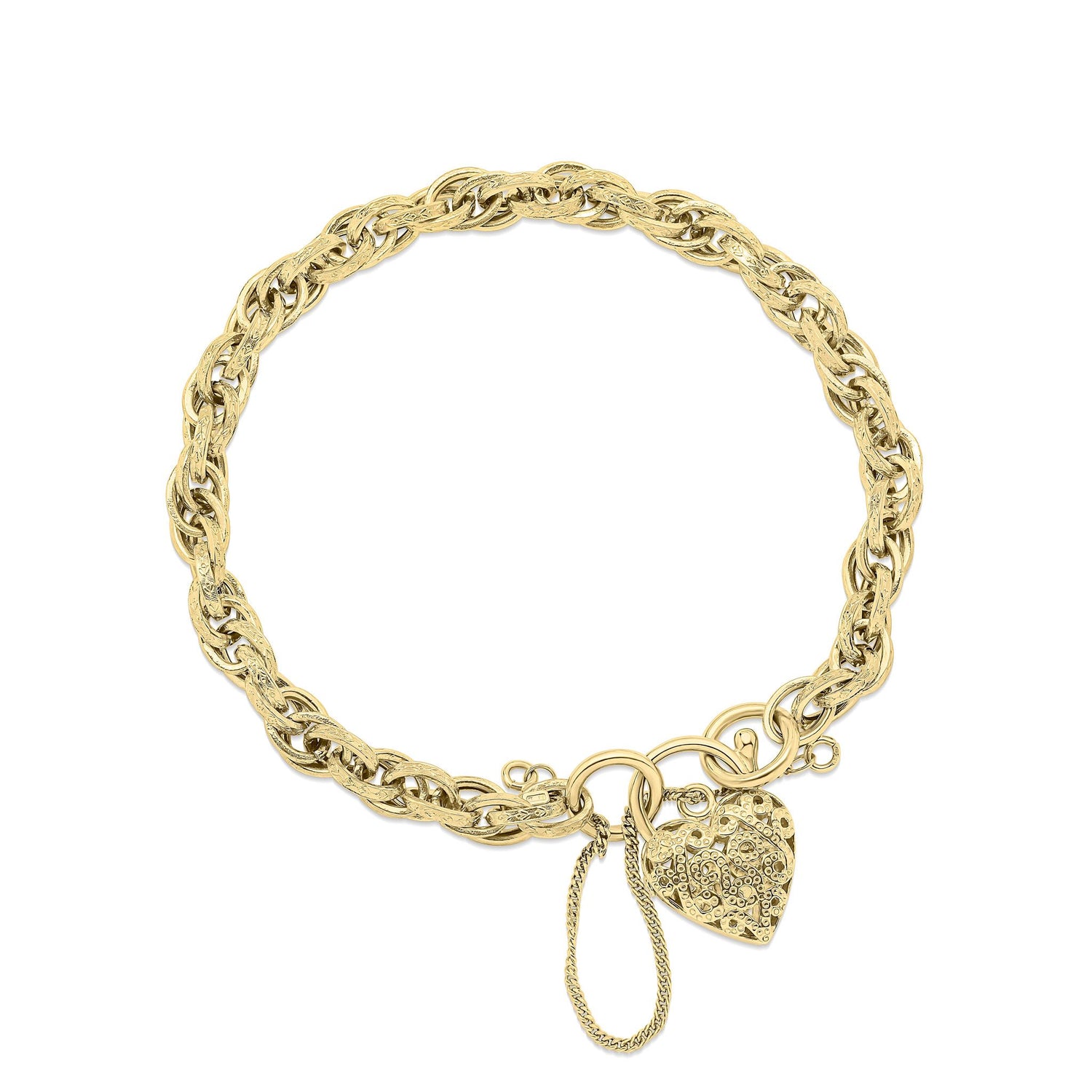 9ct Yellow Gold Padlock Charm Bracelet with Safety Chain — 19cm
