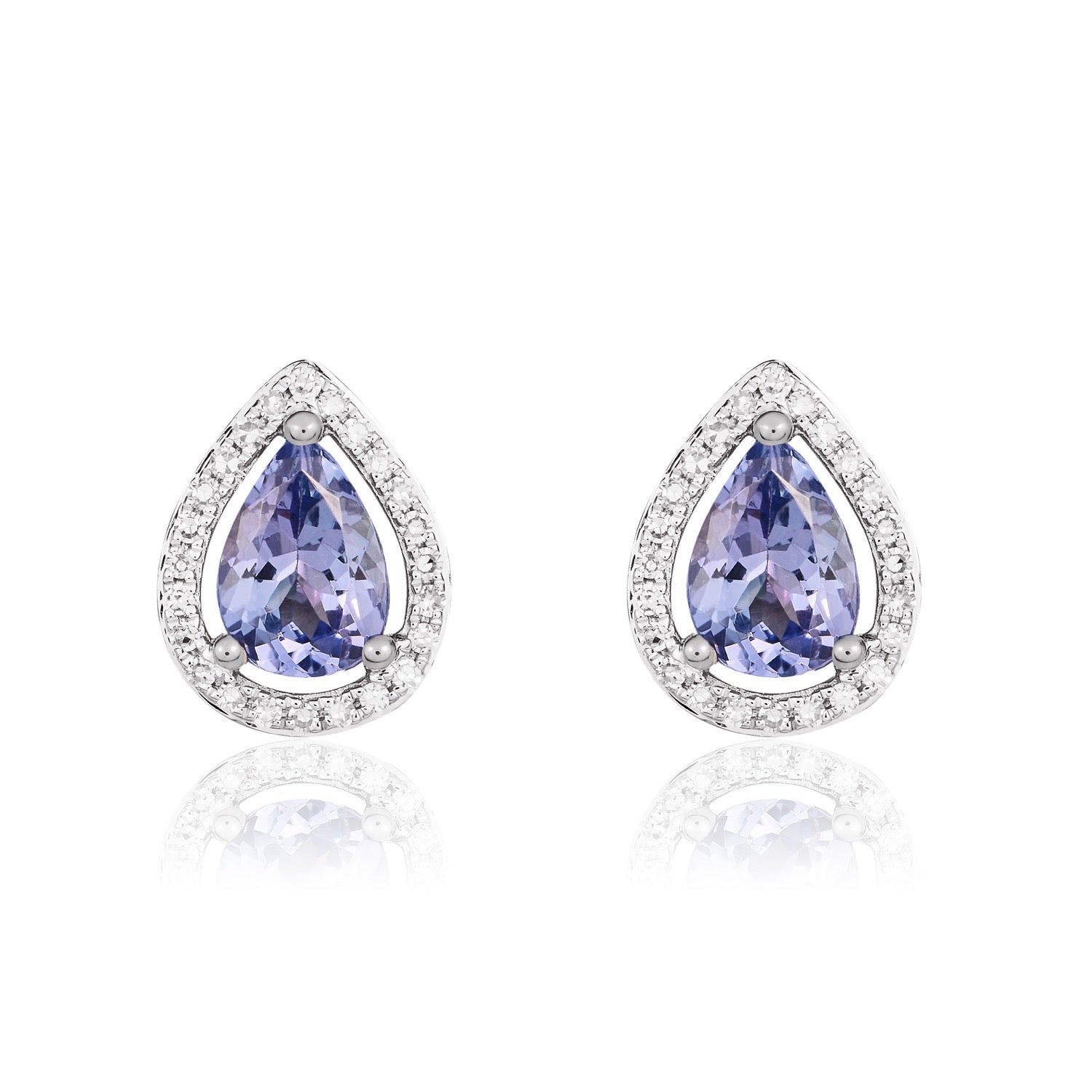 9ct White Gold Pear Shaped Natural Tanzanite and Diamond Halo Cluster Earrings — 7x5mm