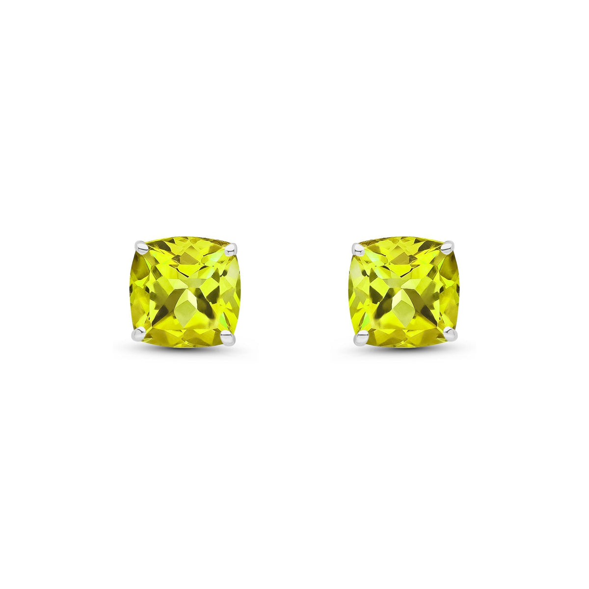 9ct White Gold Cushion Natural Peridot Claw Stud Earrings — 8mm
