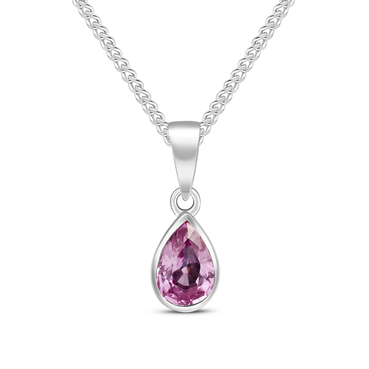9ct White Gold Pear Shaped Natural Pink Sapphire Rubover Pendant — 7x5mm