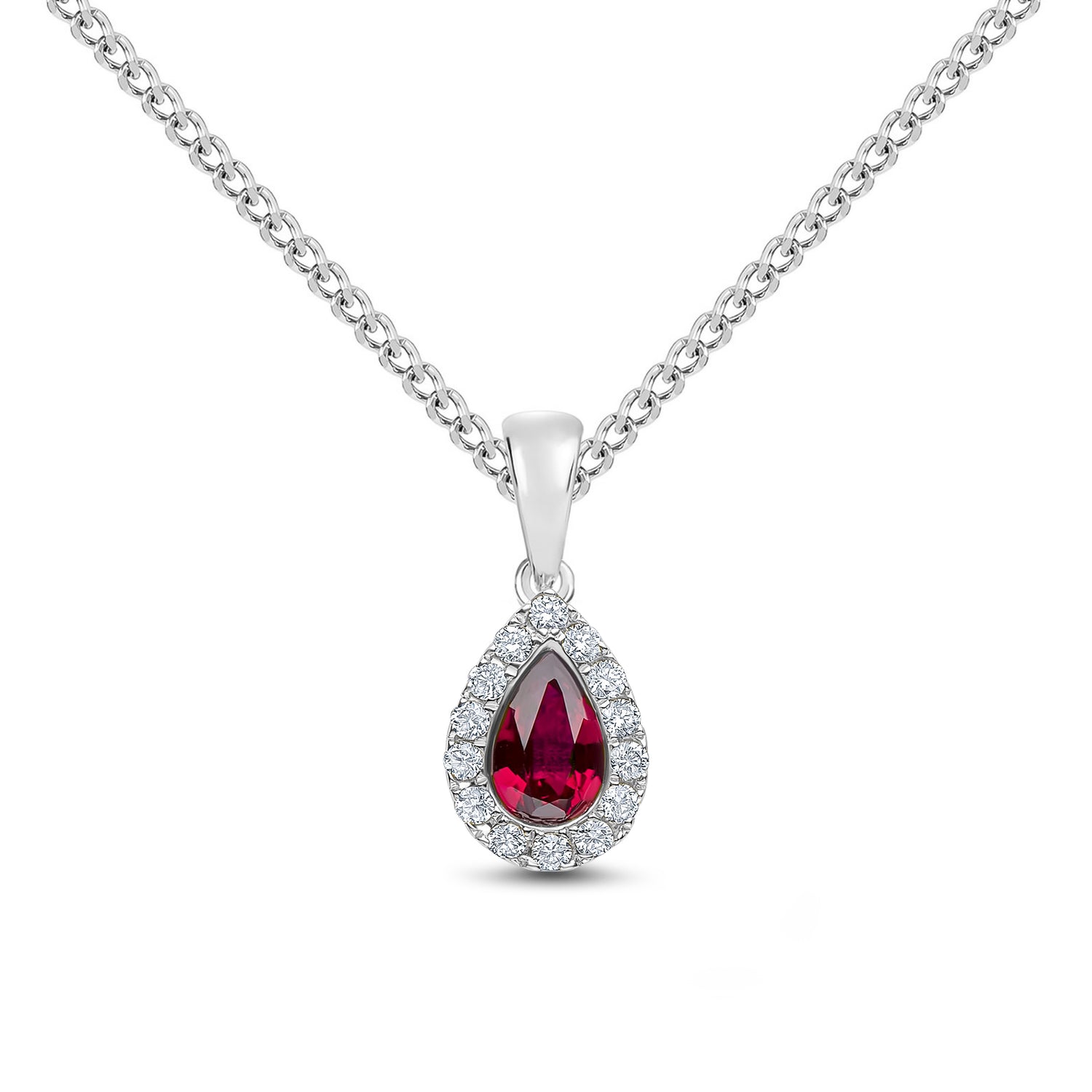 18ct White Gold Pear Shaped Natural Ruby and Round Diamond Microset Cluster Pendant — 6x4mm