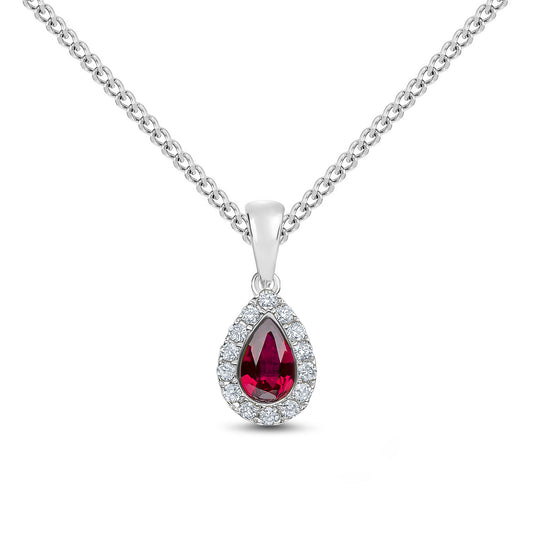 18ct White Gold Pear Shaped Natural Ruby and Round Diamond Microset Cluster Pendant — 6x4mm