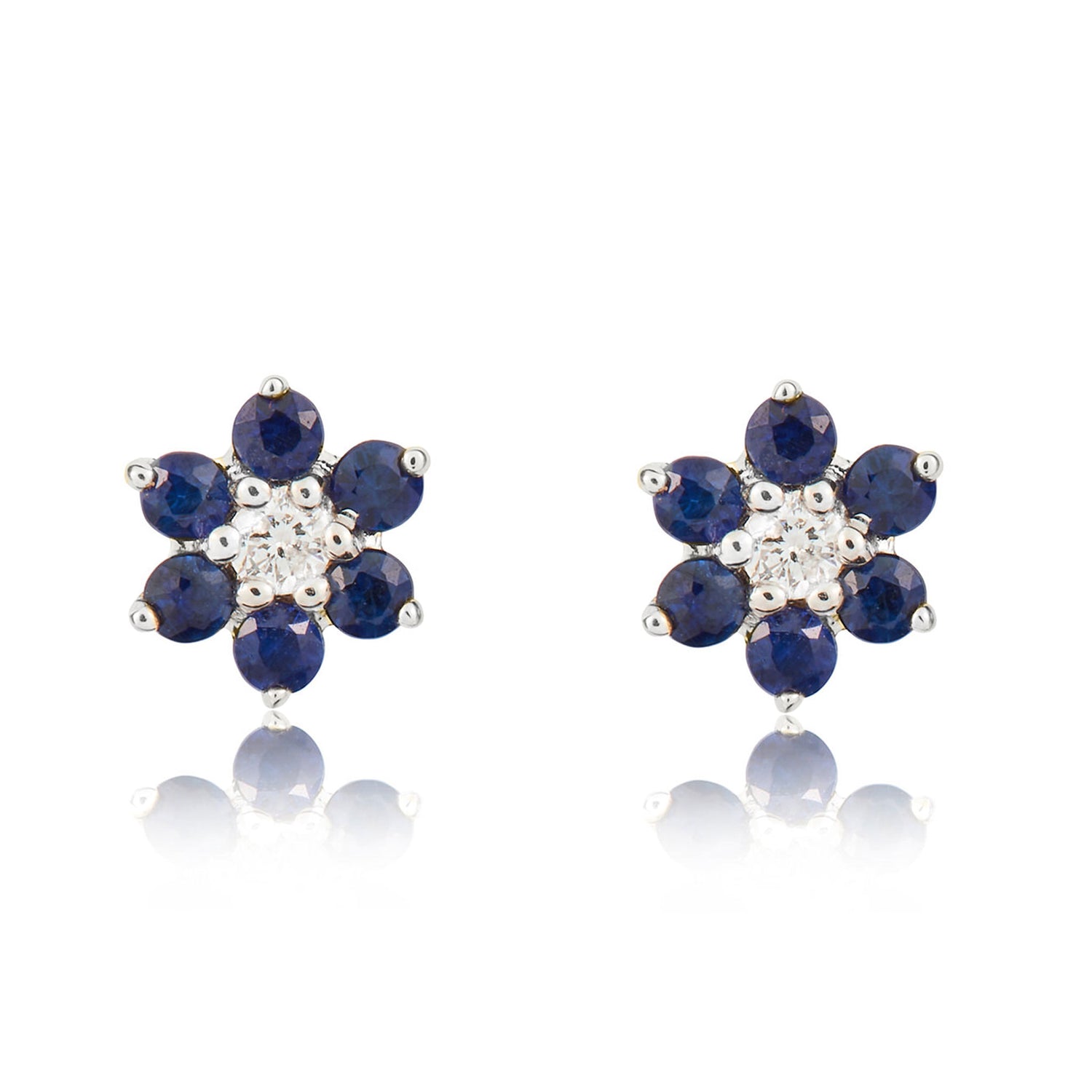 9ct White Gold Round Natural Sapphire and Diamond Reverse Cluster Earrings — 6.4mm