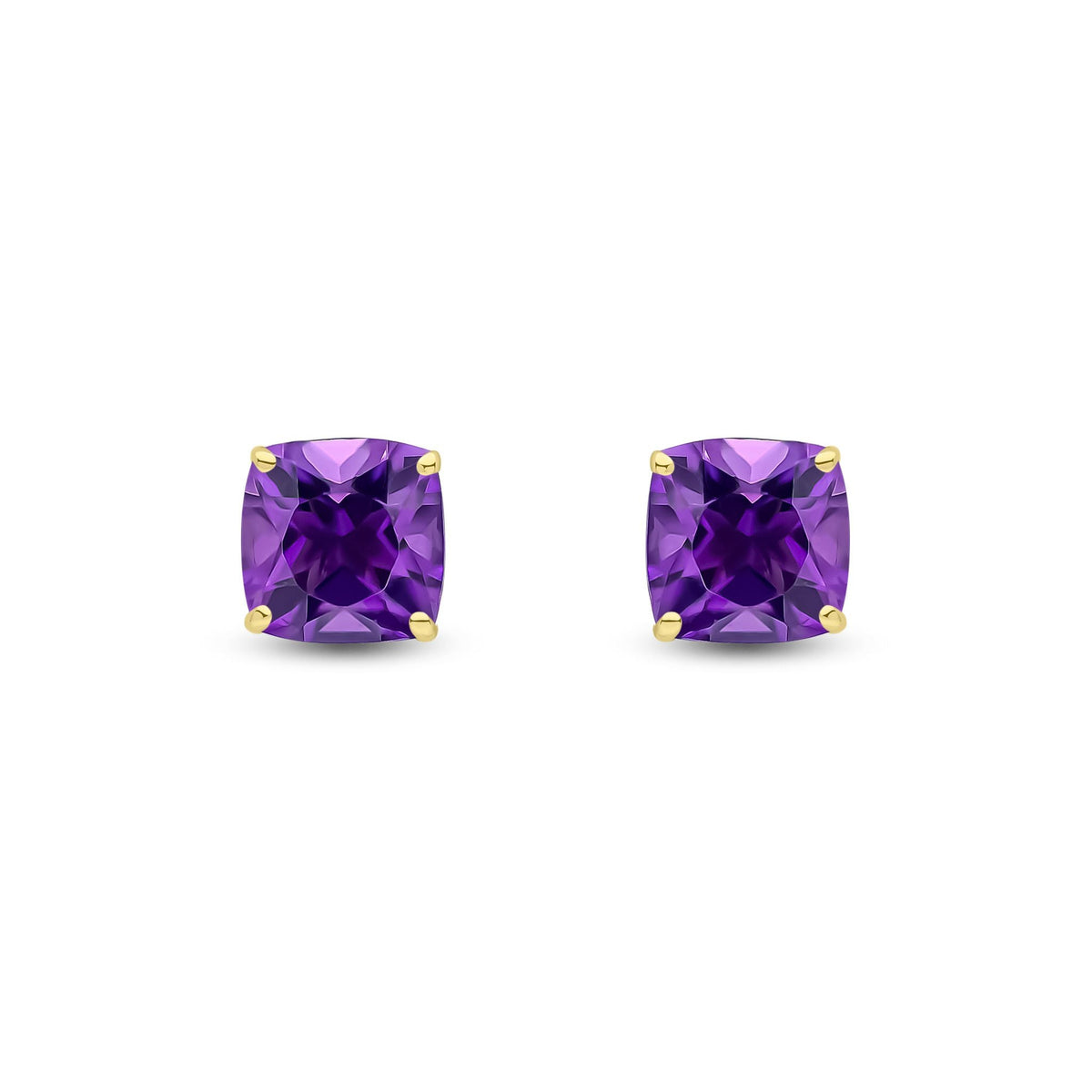 9ct Yellow Gold Cushion Natural Amethyst Claw Stud Earrings — 8mm