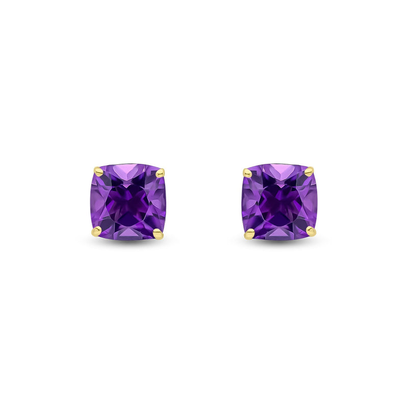 9ct Yellow Gold Cushion Natural Amethyst Claw Stud Earrings — 8mm