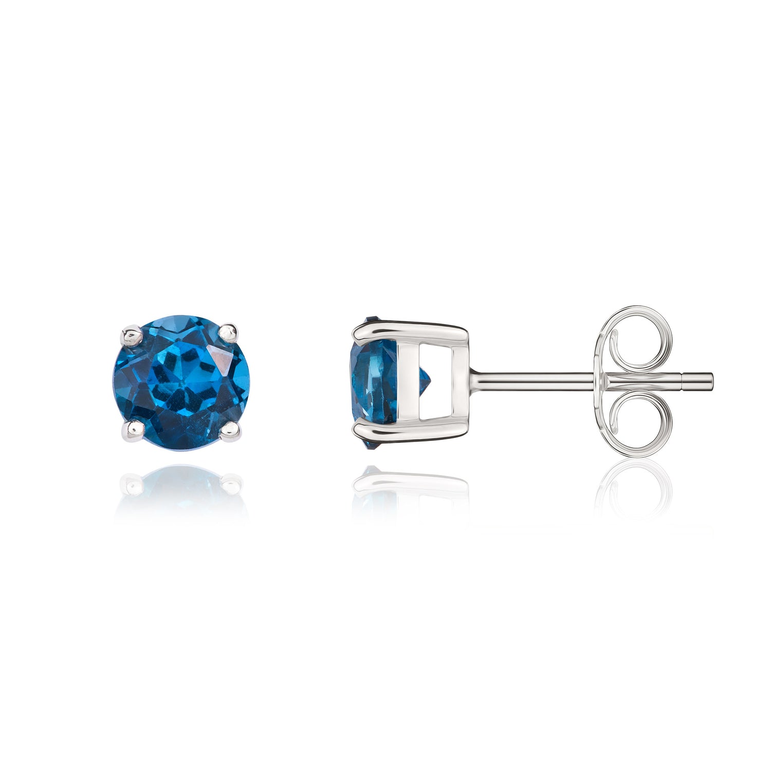 9ct White Gold Round Natural London Blue Topaz Claw Set Stud Earrings — 5mm