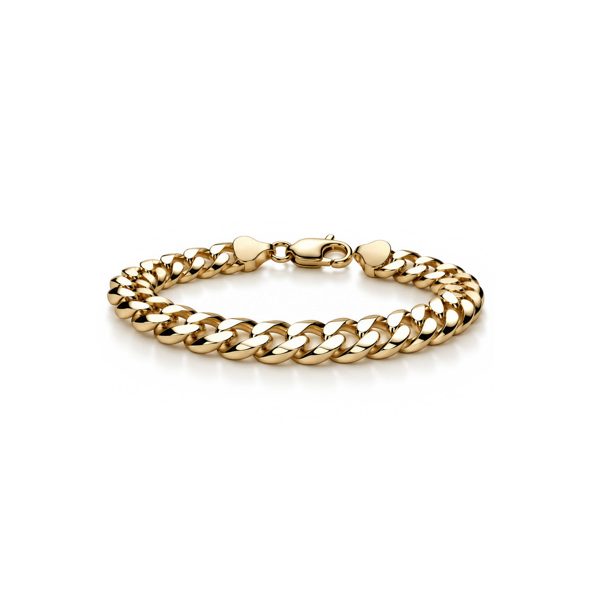 Gold plated sterling silver 11mm mens curb bracelet 8.5 inch - front