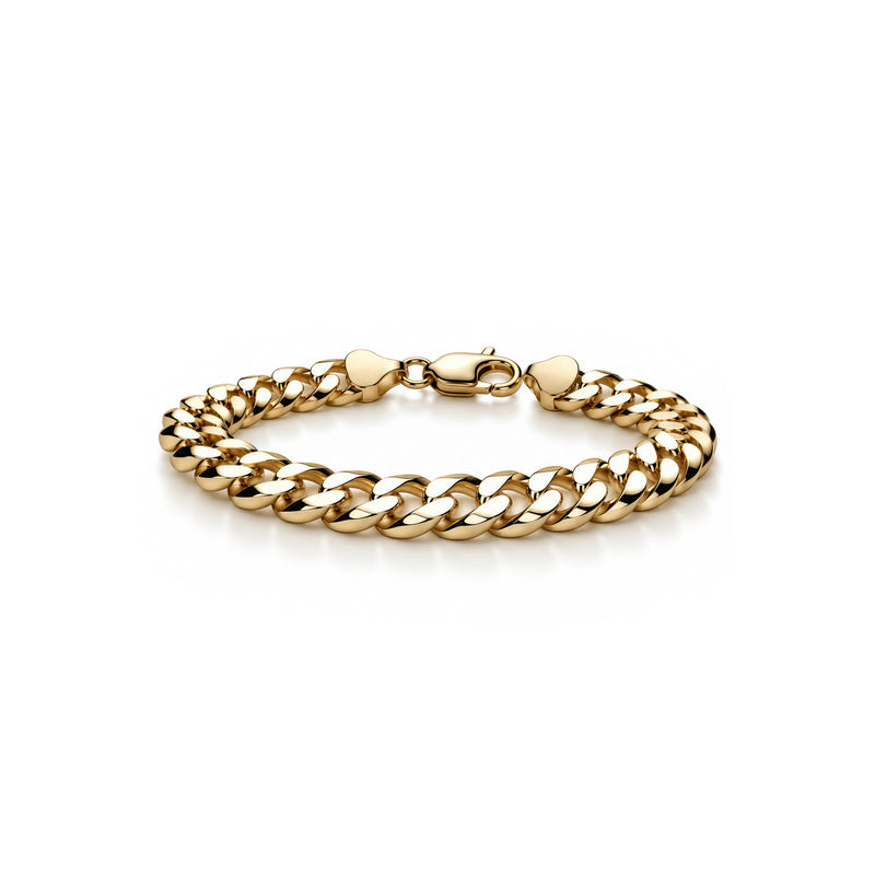 Gold plated sterling silver 11mm mens curb bracelet 8.5 inch - front