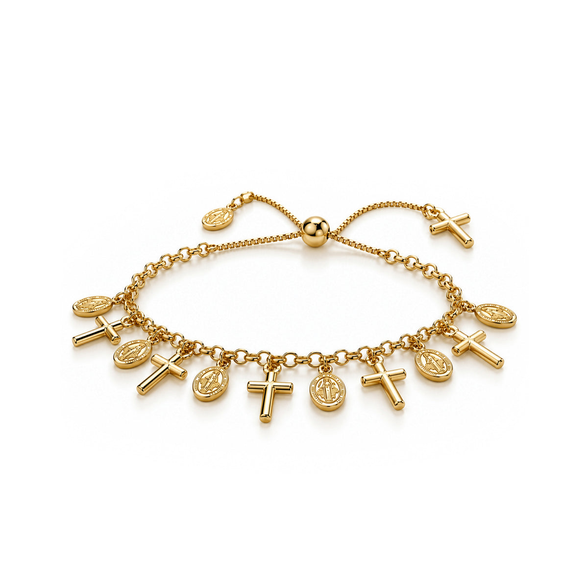 Gold plated sterling silver cross and religious medal charm bracelet - front