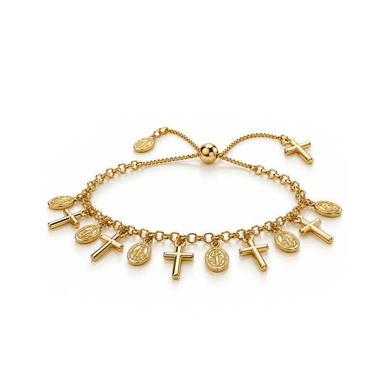Gold plated sterling silver cross and religious medal charm bracelet - front