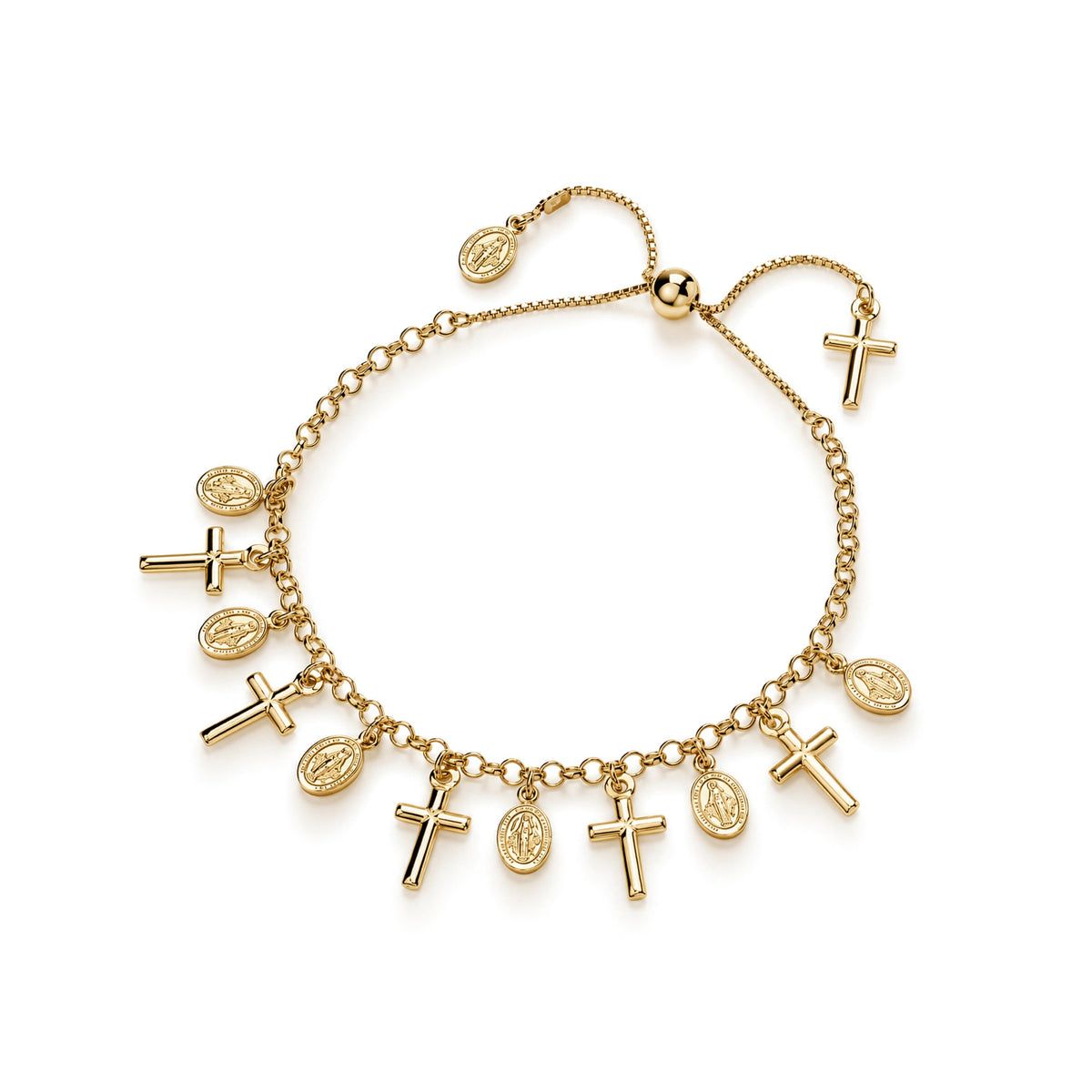 Gold plated sterling silver cross and religious medal charm bracelet - top