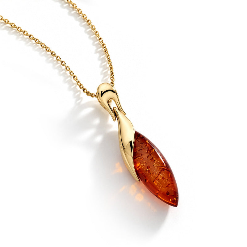Gold Plated Sterling Silver Natural Baltic Amber Elongated Marquise Sweep Pendant