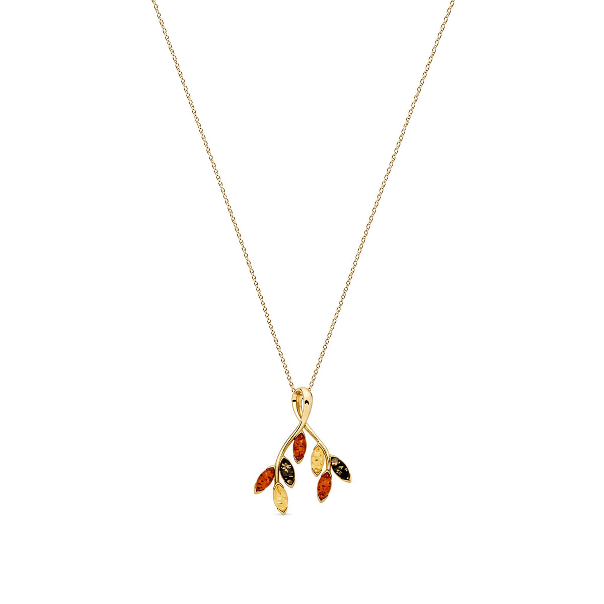 Gold Plated Sterling Silver Natural Baltic Amber Five-Leaf Branch Pendant