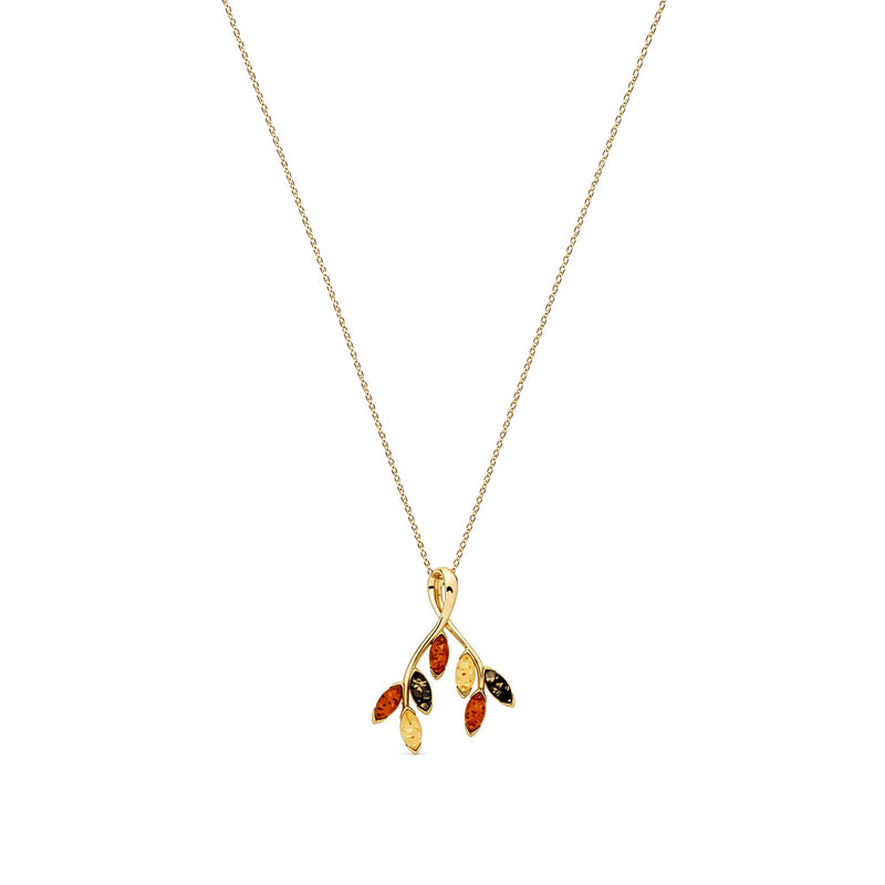 Gold Plated Sterling Silver Natural Baltic Amber Five-Leaf Branch Pendant
