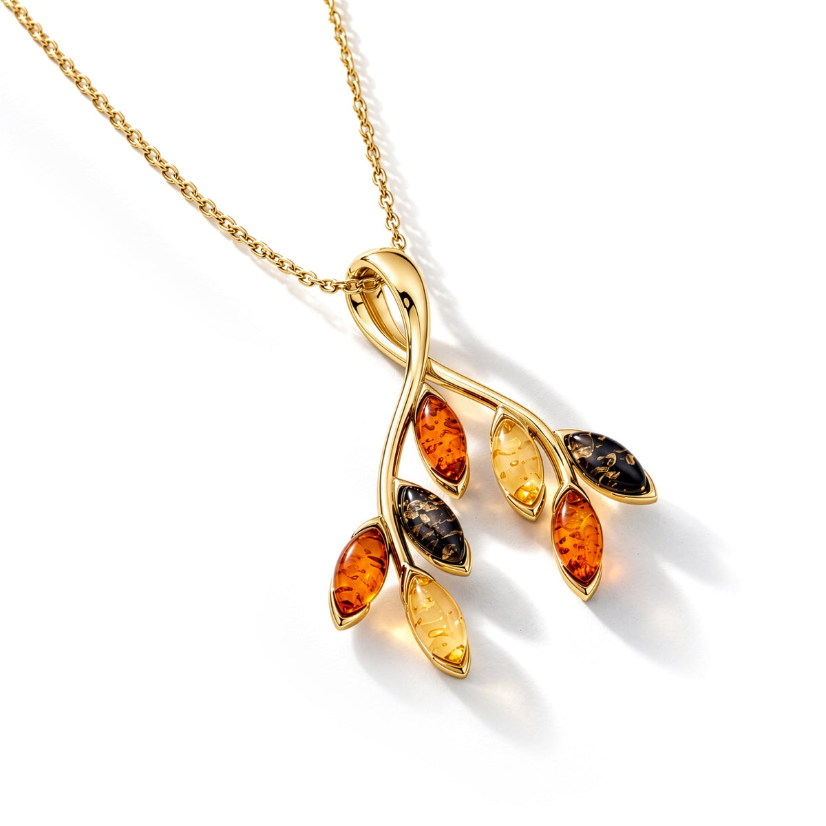 Gold Plated Sterling Silver Natural Baltic Amber Five-Leaf Branch Pendant