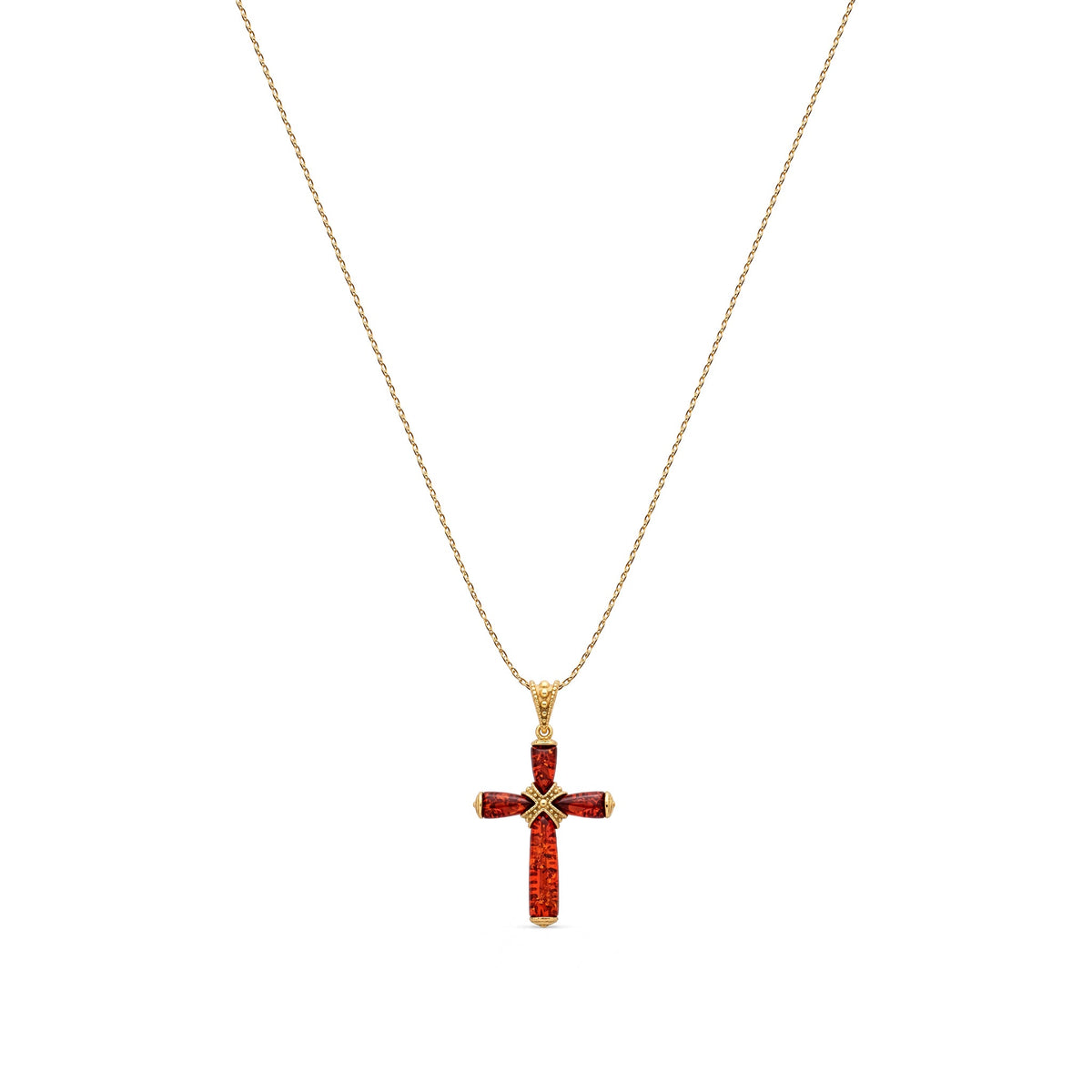Gold Plated Sterling Silver Natural Baltic Amber Four-Stone Cross Pendant