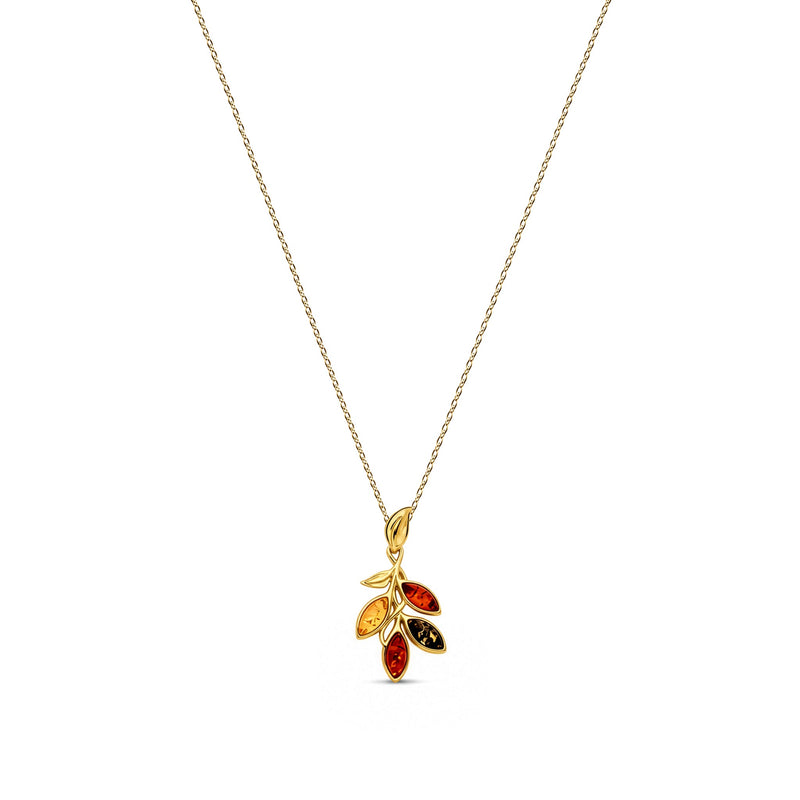 Gold Plated Sterling Silver Natural Baltic Amber Leaf Cluster Pendant