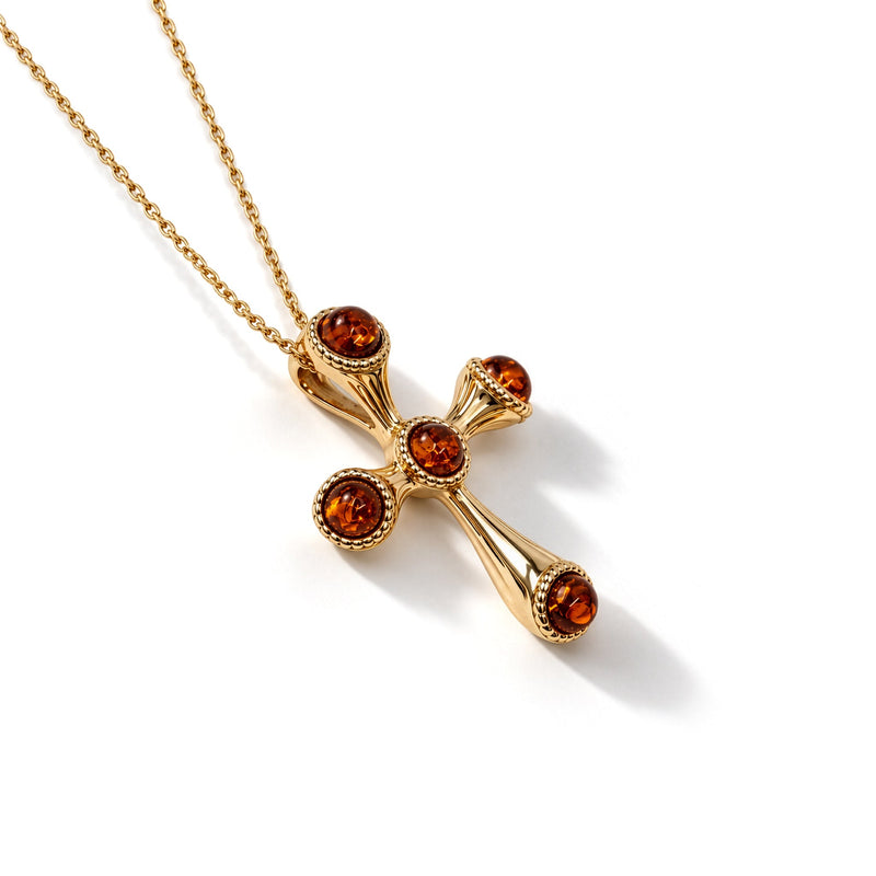 Gold Plated Sterling Silver Natural Baltic Amber Ornate Cross Pendant