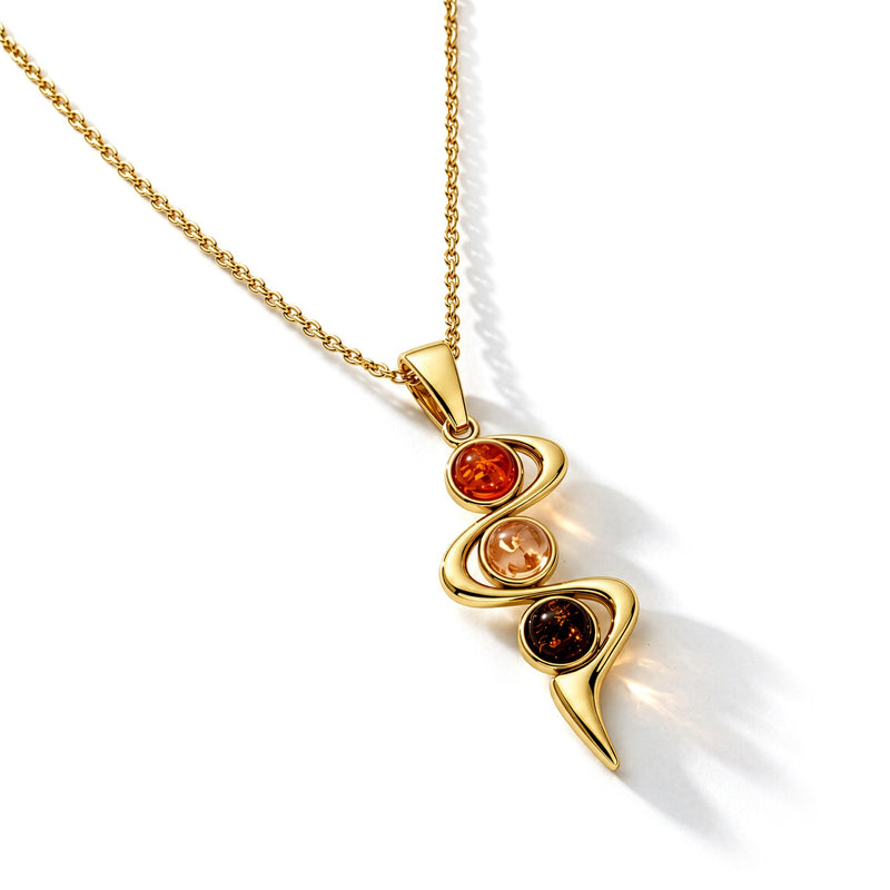 Gold Plated Sterling Silver Natural Baltic Amber Three-Stone Swirl Pendant