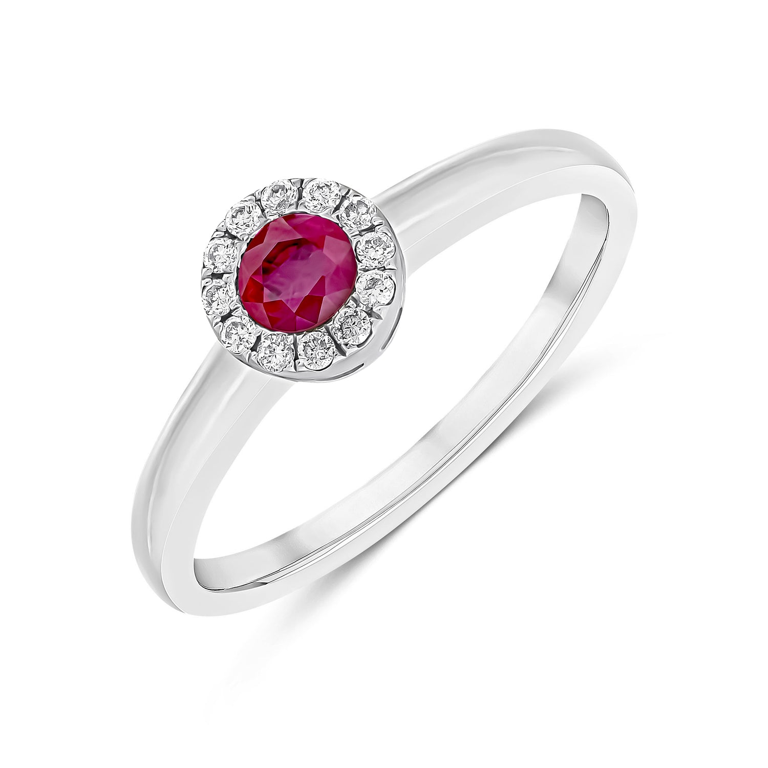 18ct White Gold Round Natural Ruby and Diamond Halo Cluster Ring — 4mm