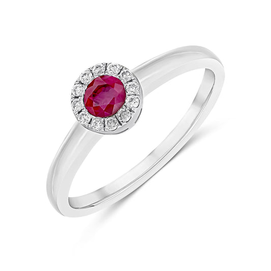 18ct White Gold Round Natural Ruby and Diamond Halo Cluster Ring — 4mm