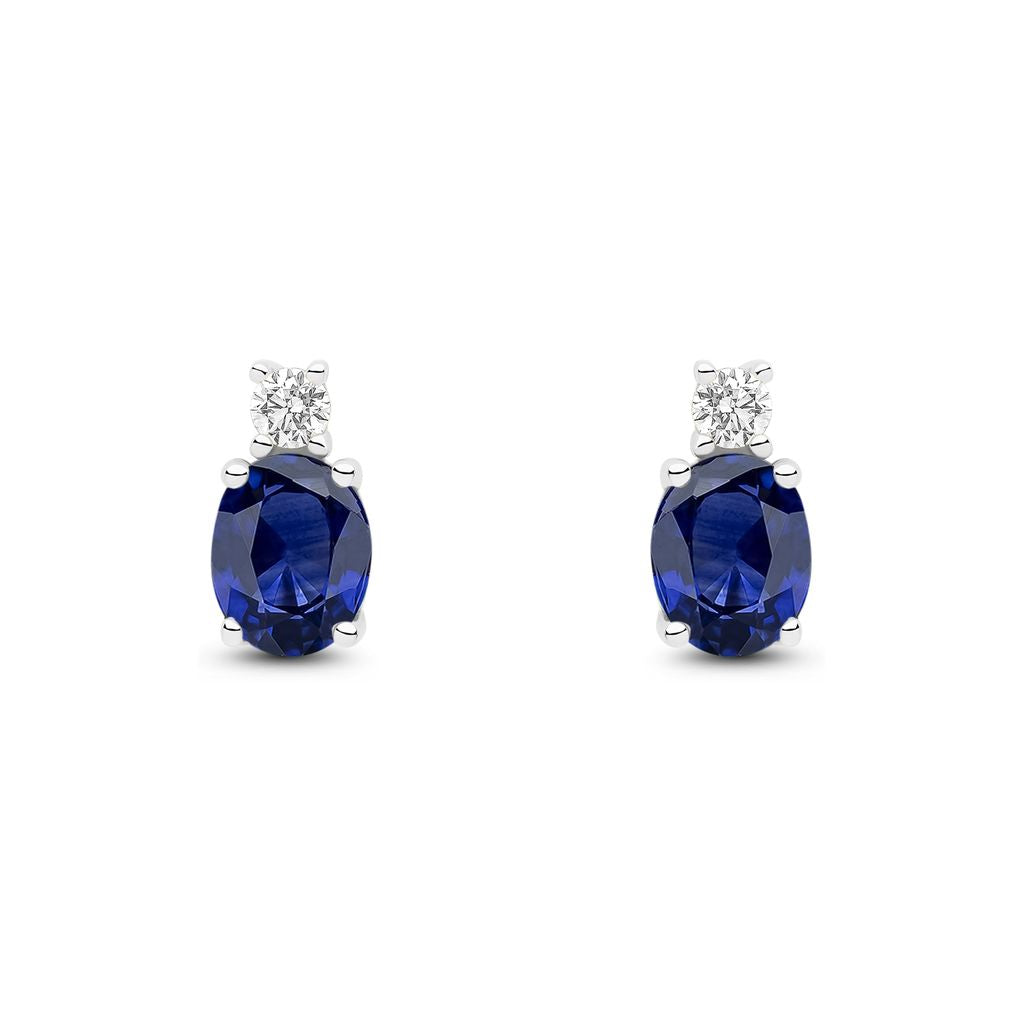 18ct White Gold Oval Natural Sapphire and Round Diamond Two Stone Stud Earrings — 5x4mm