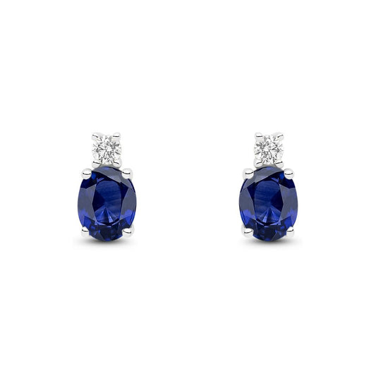 18ct White Gold Oval Natural Sapphire and Round Diamond Two Stone Stud Earrings — 5x4mm