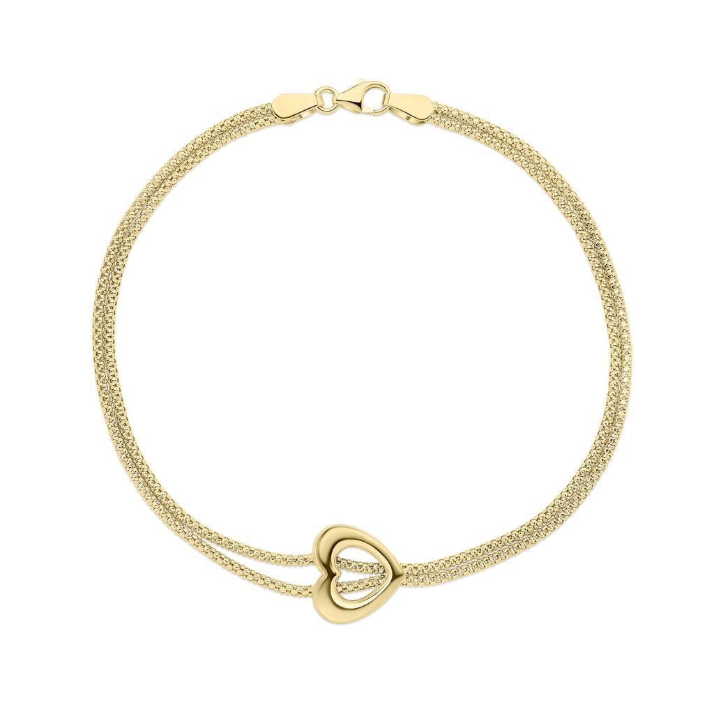 9ct Yellow Gold Double Popcorn Chain Heart Bracelet