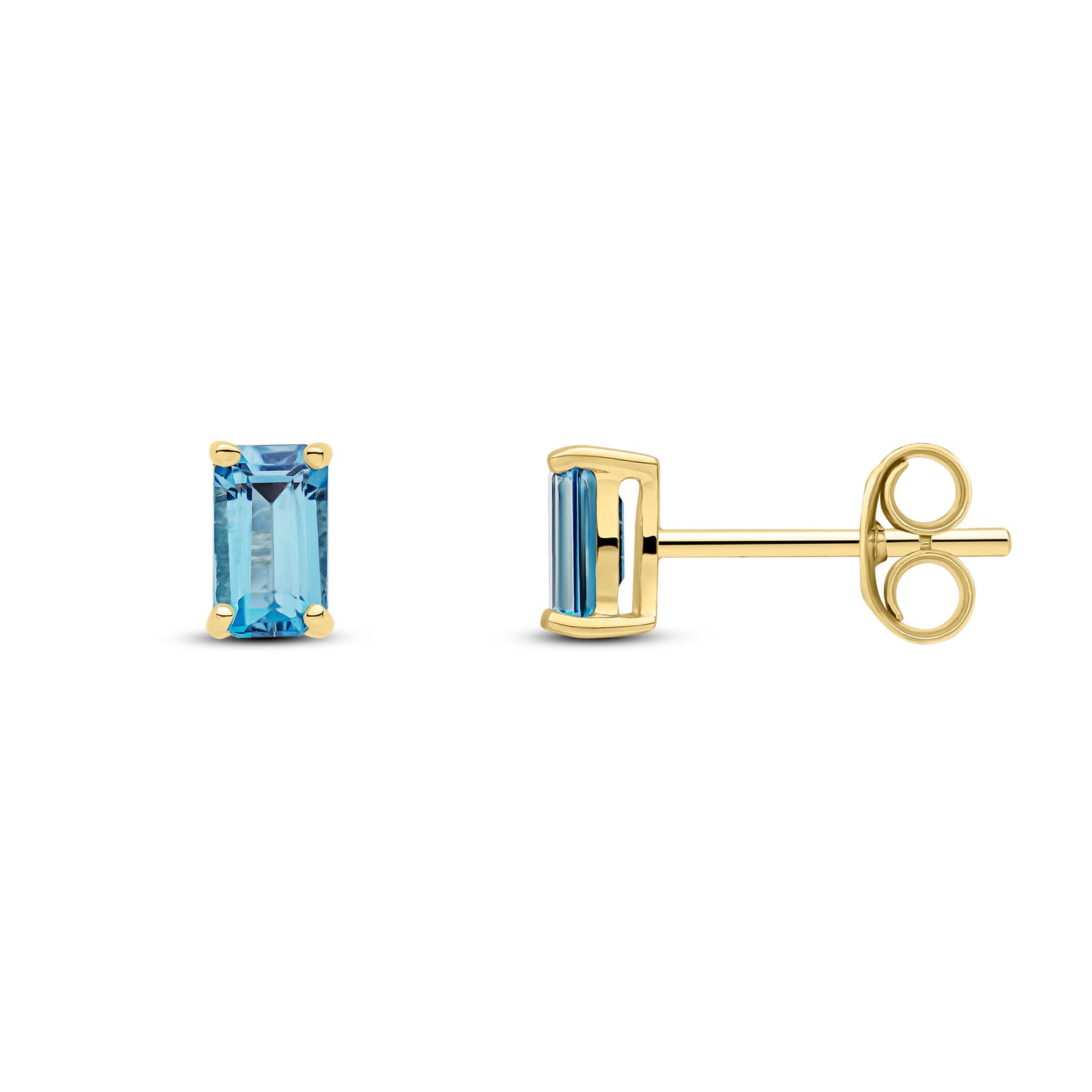 9ct Yellow Gold Octagon Natural London Blue Topaz Claw Stud Earrings – 5x3mm