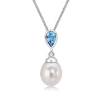 9ct White Gold Pearl and Pear Shaped Natural Swiss Blue Topaz Drop Pendant