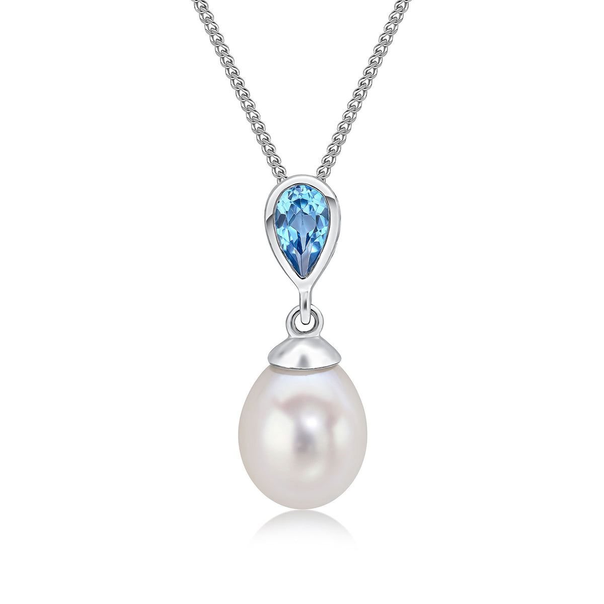 9ct White Gold Pearl and Pear Shaped Natural Swiss Blue Topaz Drop Pendant