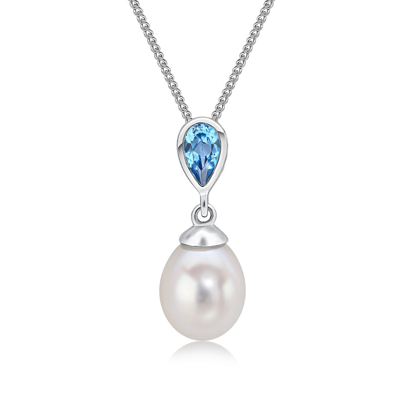 9ct White Gold Pearl and Pear Shaped Natural Swiss Blue Topaz Drop Pendant