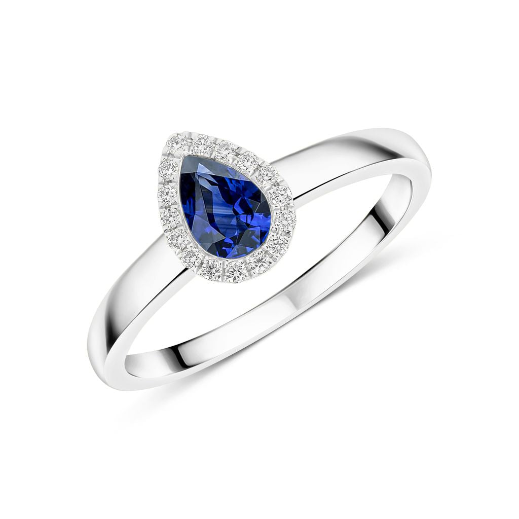 18ct White Gold Pear Shape Sapphire and Diamond Microset Cluster Ring — 6x4mm
