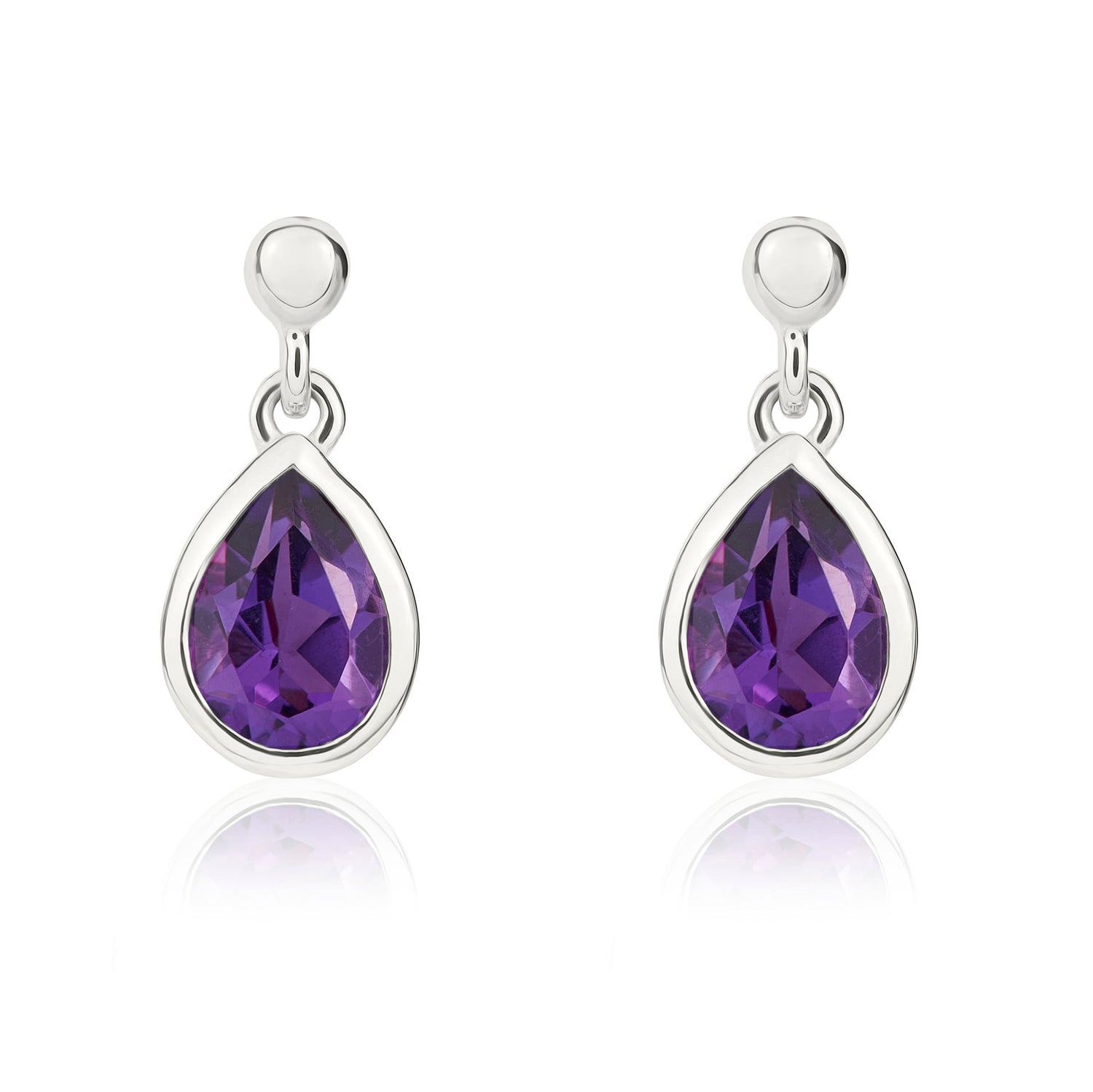 9ct White Gold Pear Shaped Natural Amethyst Drop Earrings — 6x4mm