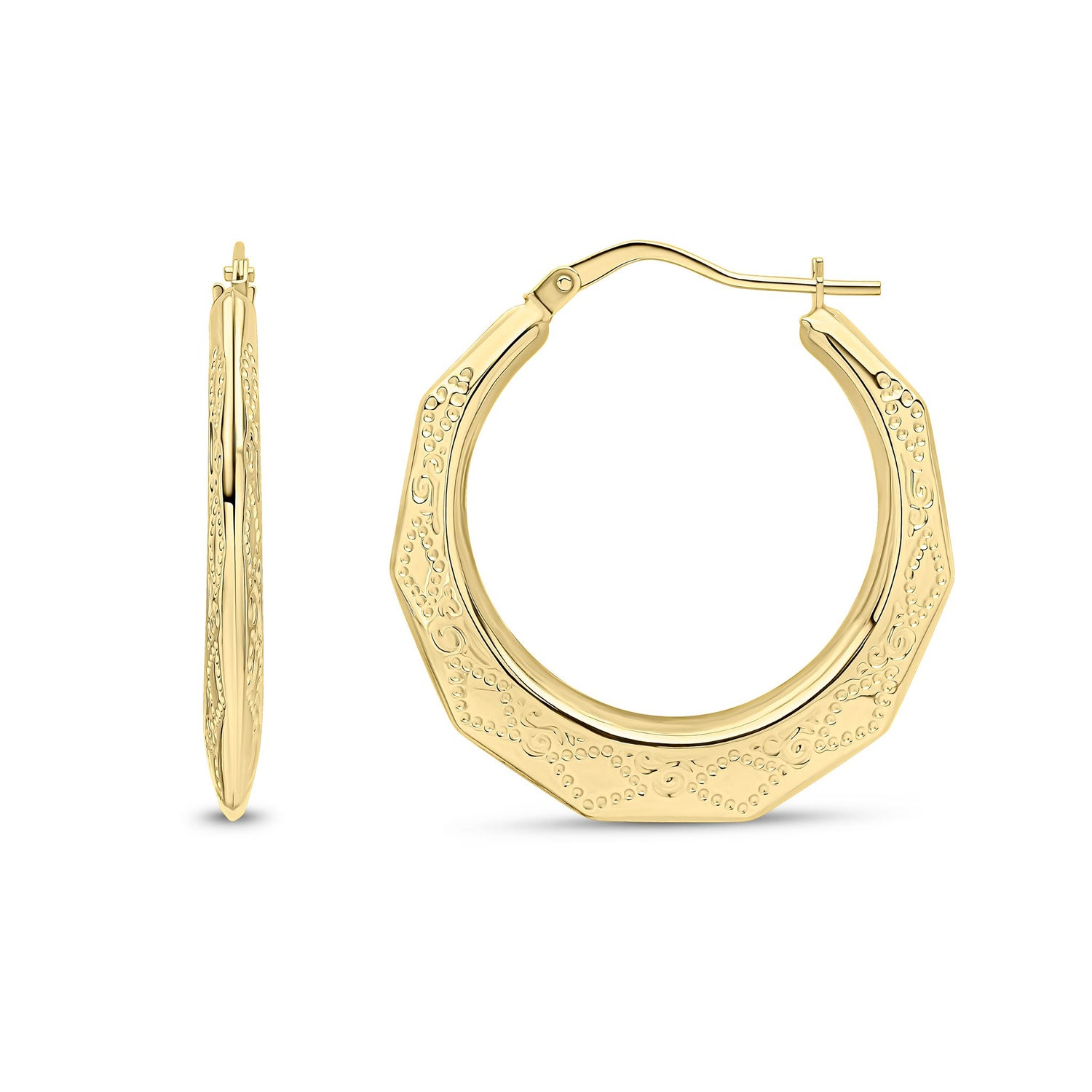 9ct Yellow Gold Engraved Octagonal Hoop Earrings