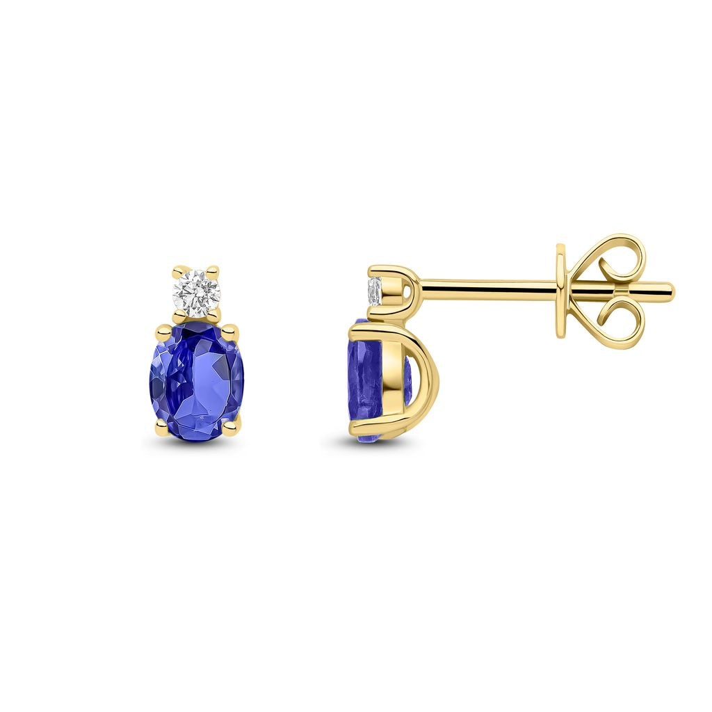18ct Yellow Gold Oval Natural Tanzanite and Round Diamond Two Stone Stud Earrings — 5x4mm