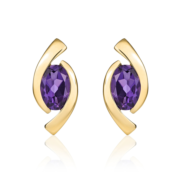 9ct Yellow Gold Oval Natural Amethyst 'Eye' Stud Earrings — 6x4mm