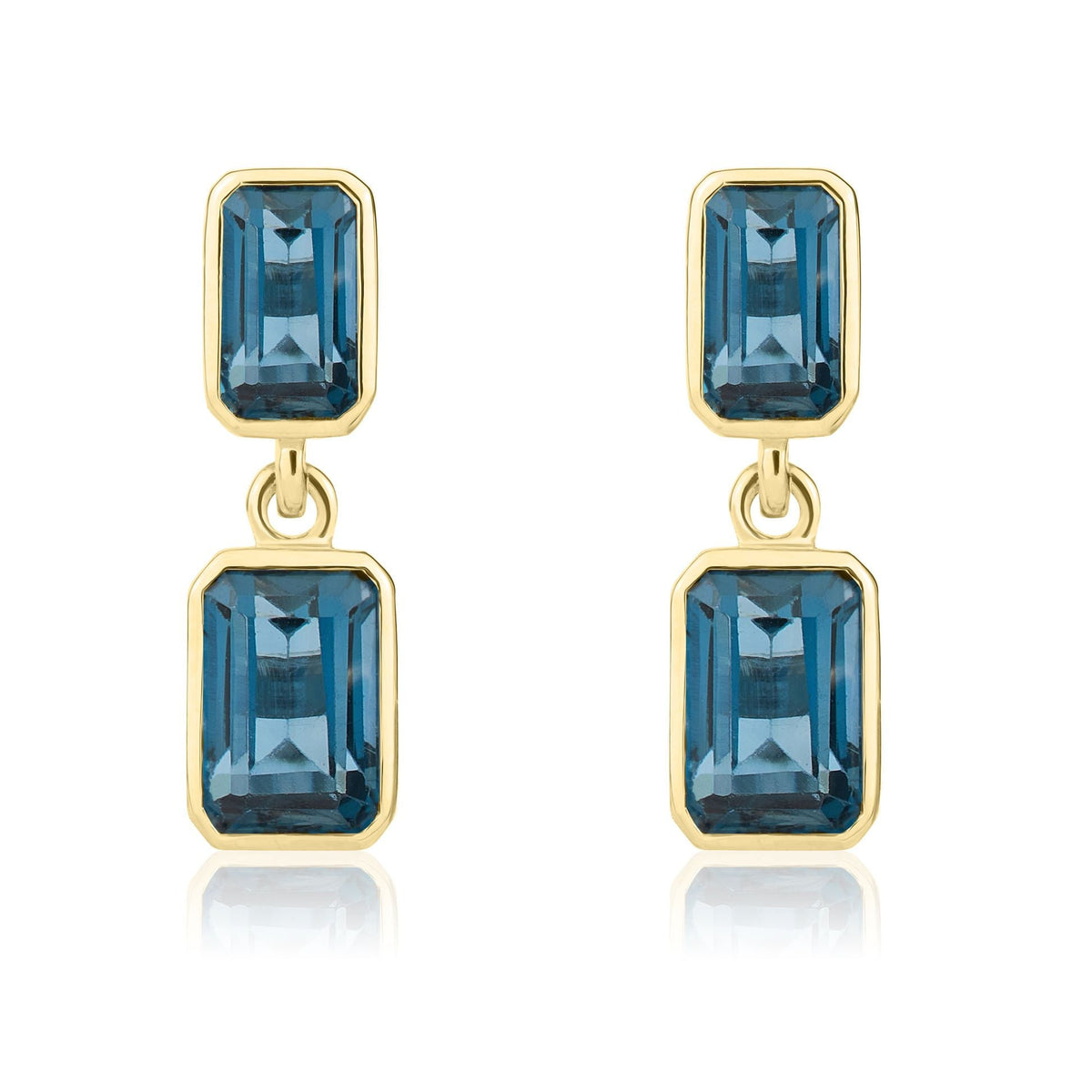 9ct Yellow Gold Octagonal Emerald Cut Natural London Blue Topaz Double Stone Rubover Drop Earrings