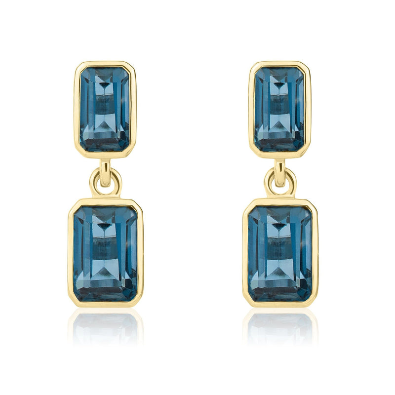 9ct Yellow Gold Octagonal Emerald Cut Natural London Blue Topaz Double Stone Rubover Drop Earrings