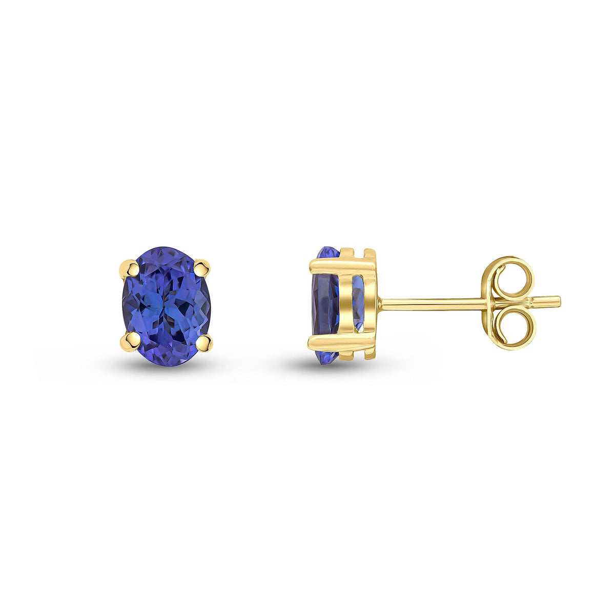 9ct Yellow Gold Oval Natural Tanzanite Claw Stud Earrings — 7x5mm