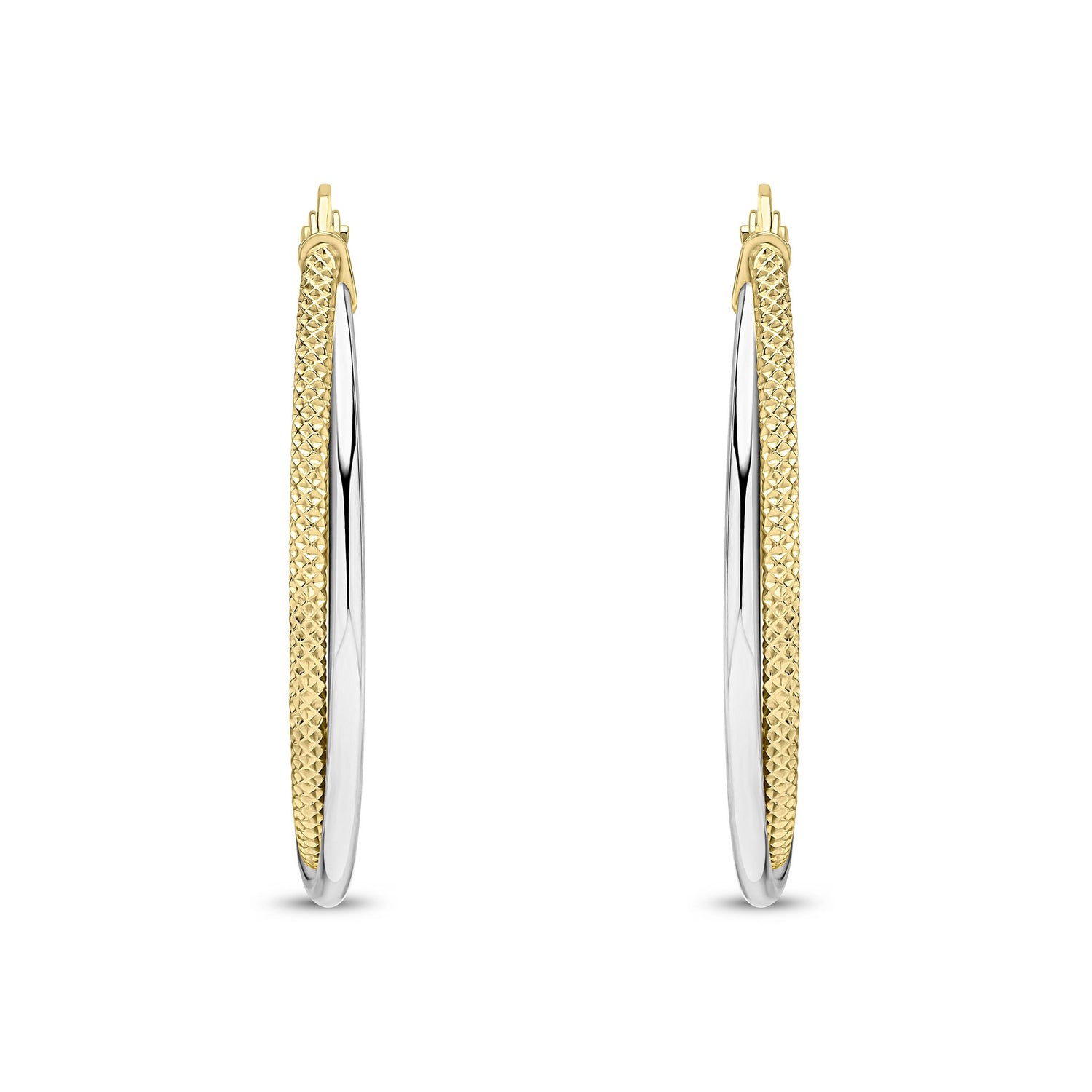 9ct Yellow and White Gold Diamond Cut Twist Hoop Earrings
